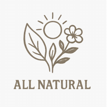 Logo with leaves, sun, and flower with 'All Natural' text on a white background