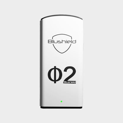 Blushield device with logo on a light gray background