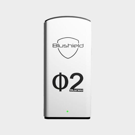 Blushield device with logo on a light gray background