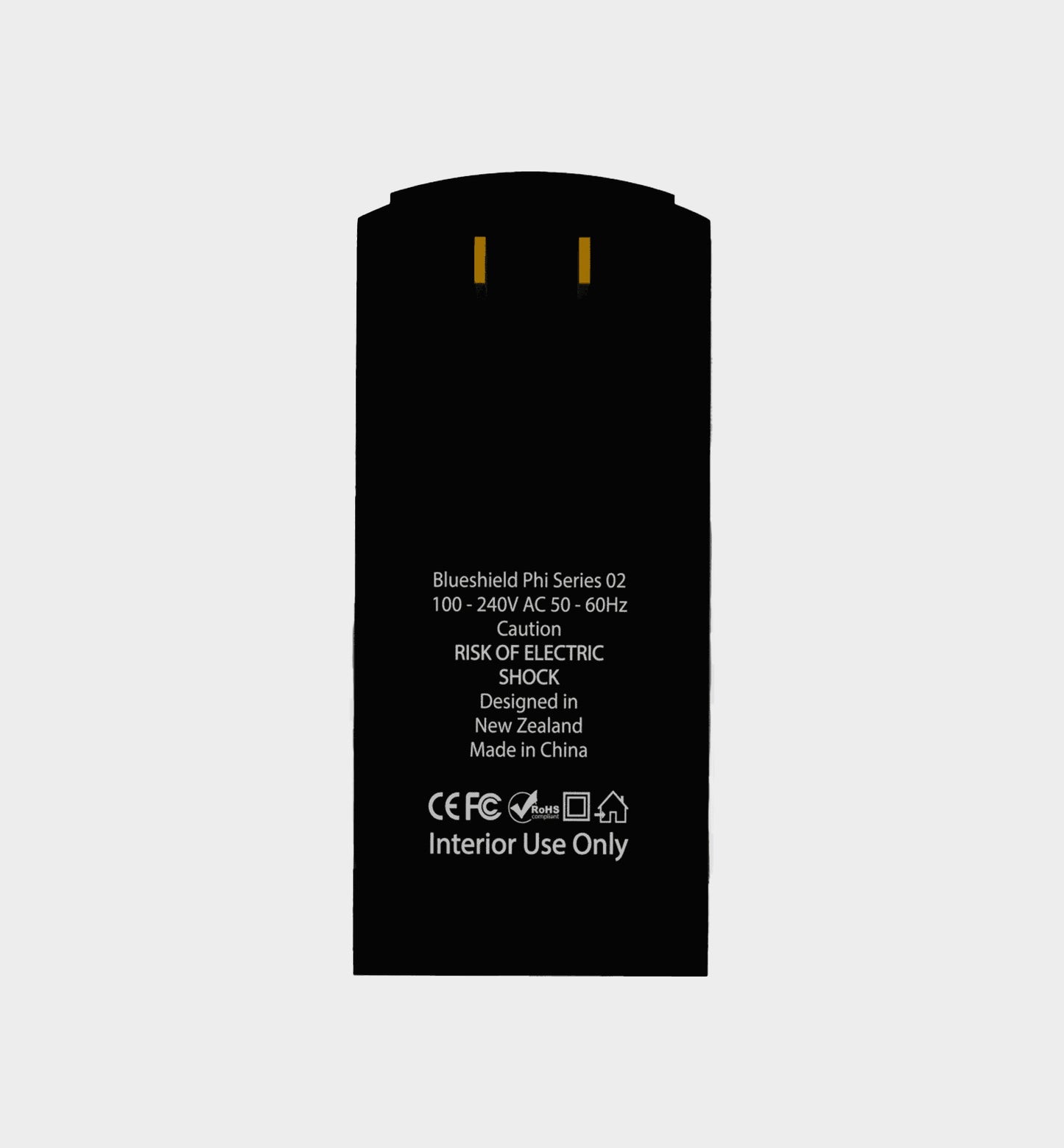 Blushield Plugin  device with text and symbols on a white background
