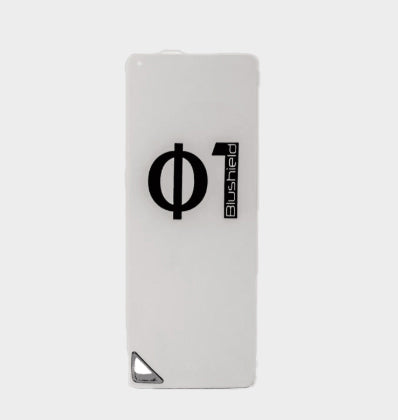 Blushield portable device with black symbols on a white background