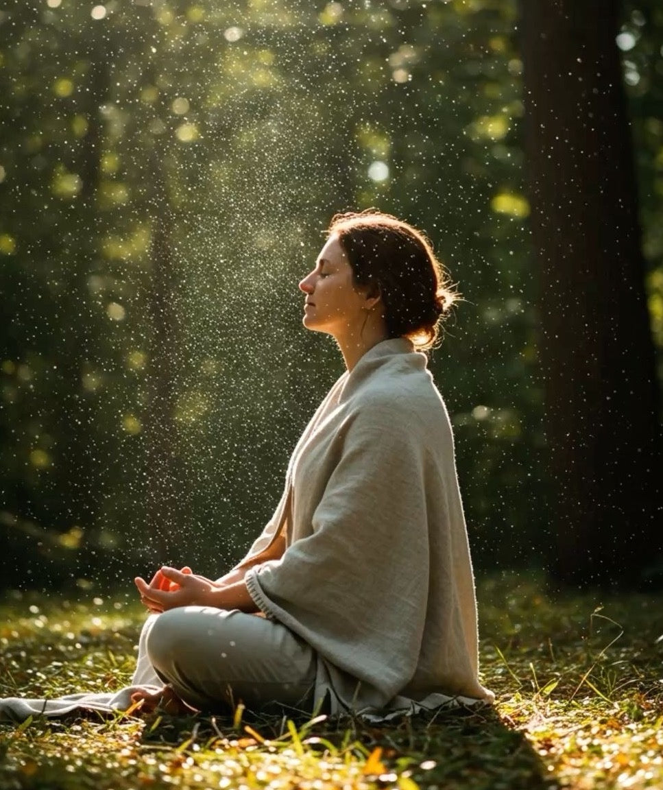 Lady meditating under a tree with sunlight filtering through leaves