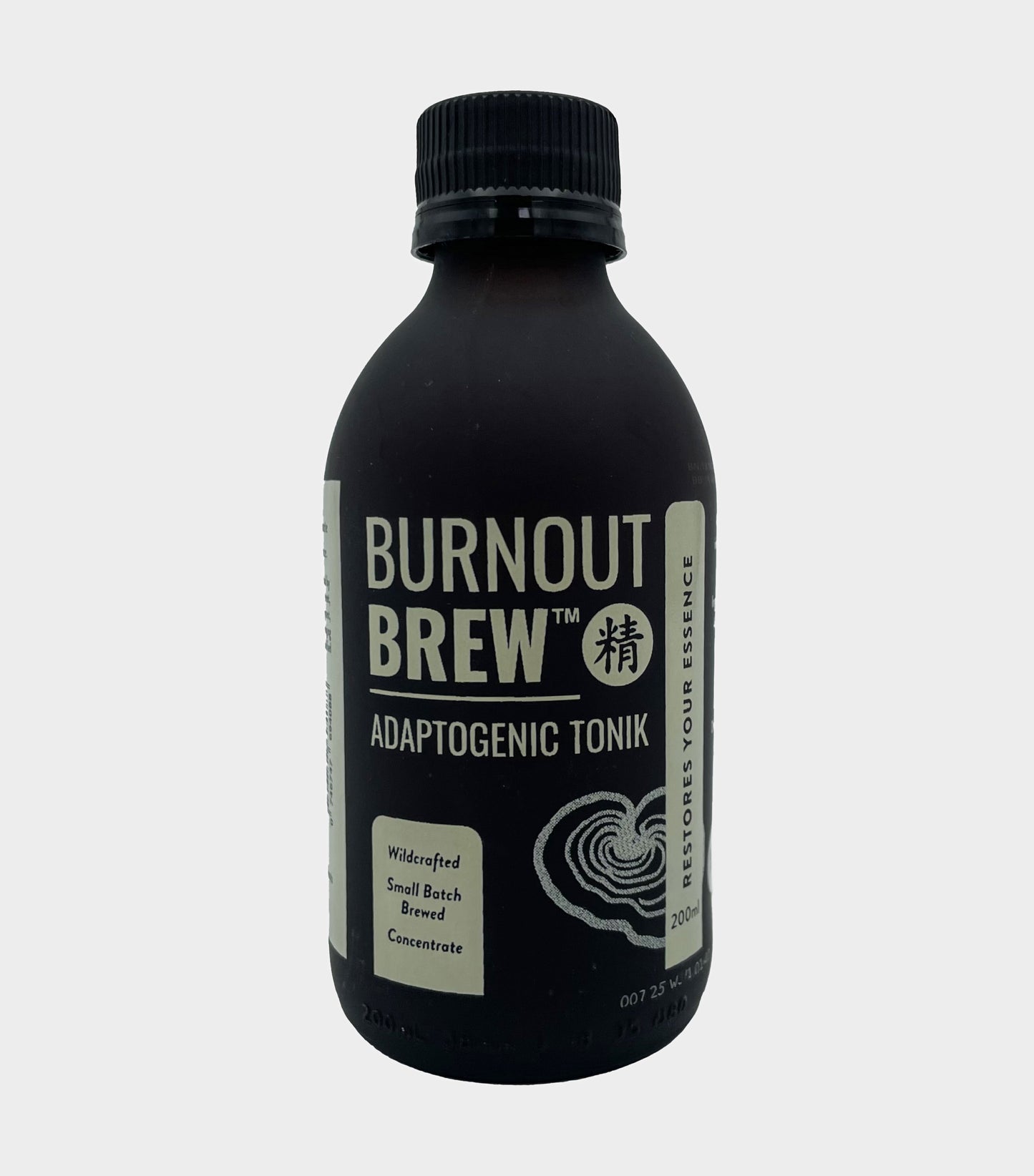 Black bottle of Burnout Brew Adaptogenic Tonik on a light gray background