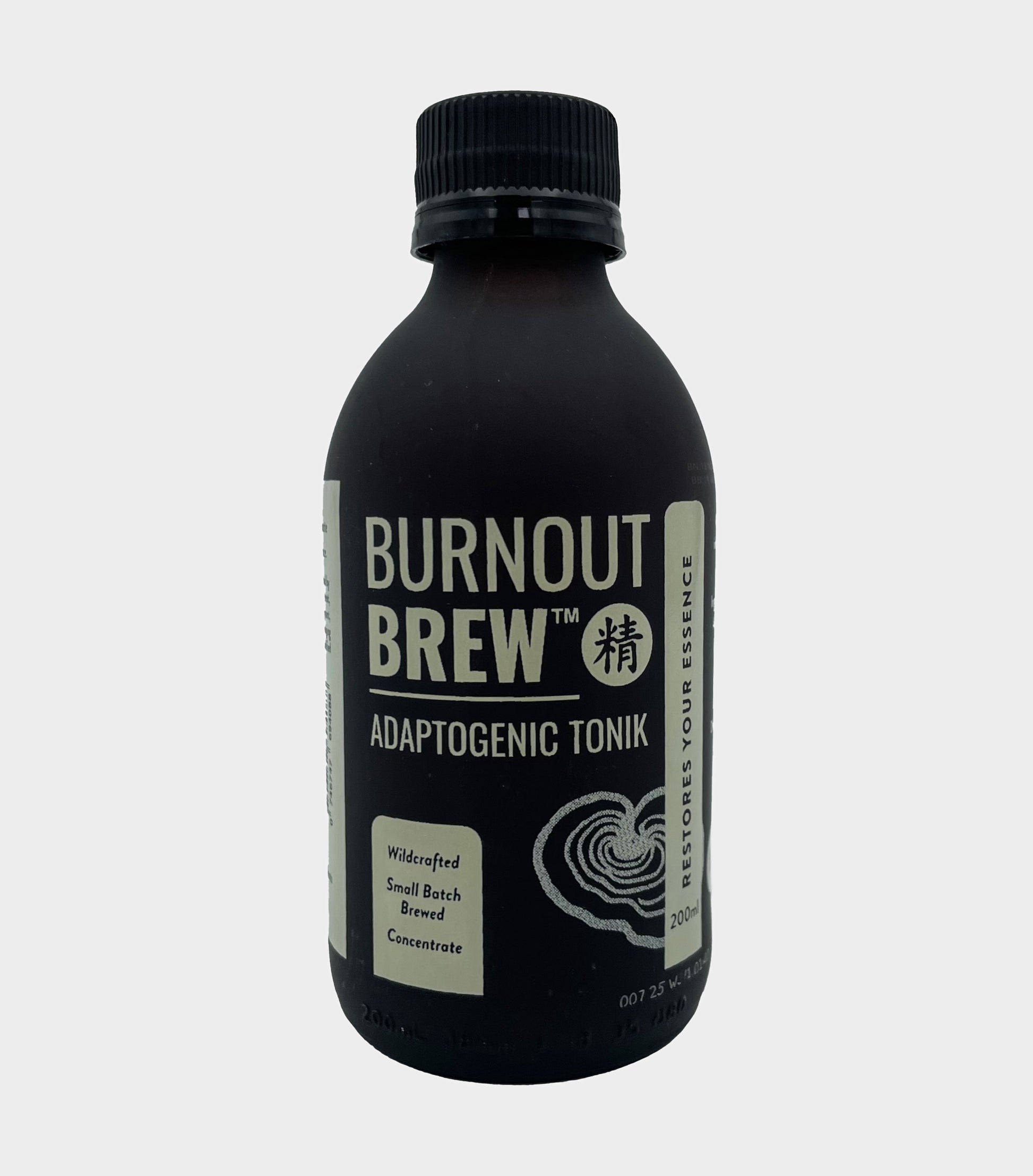 Black bottle of Burnout Brew Adaptogenic Tonik on a light gray background