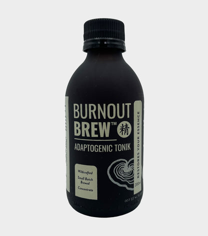 Black bottle of Burnout Brew Adaptogenic Tonik on a light gray background