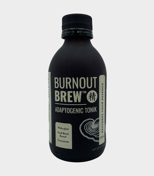 Black bottle of Burnout Brew Adaptogenic Tonik on a light gray background