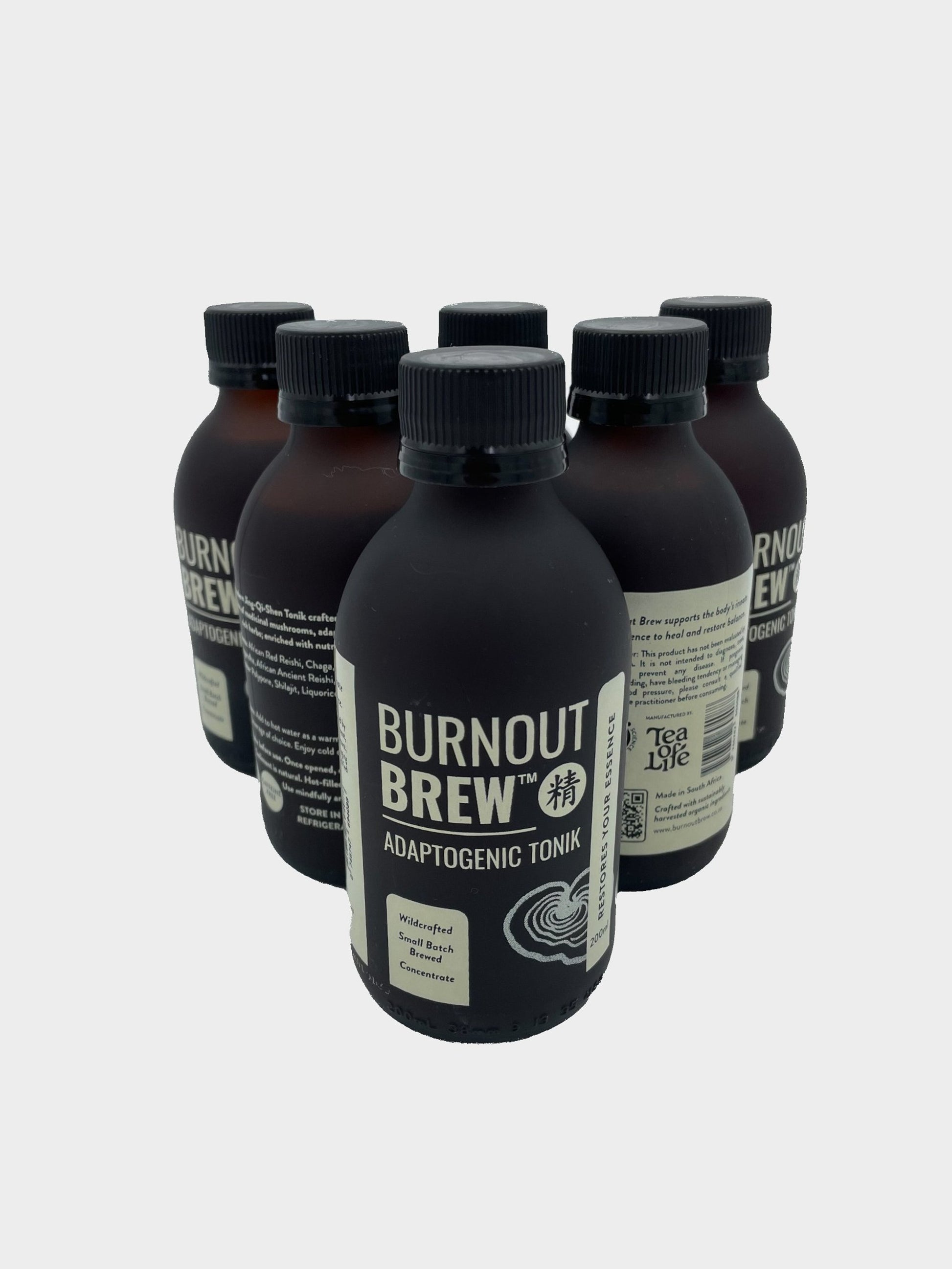 Black bottles of Burnout Brew Adaptogenic Tonic on a light gray background