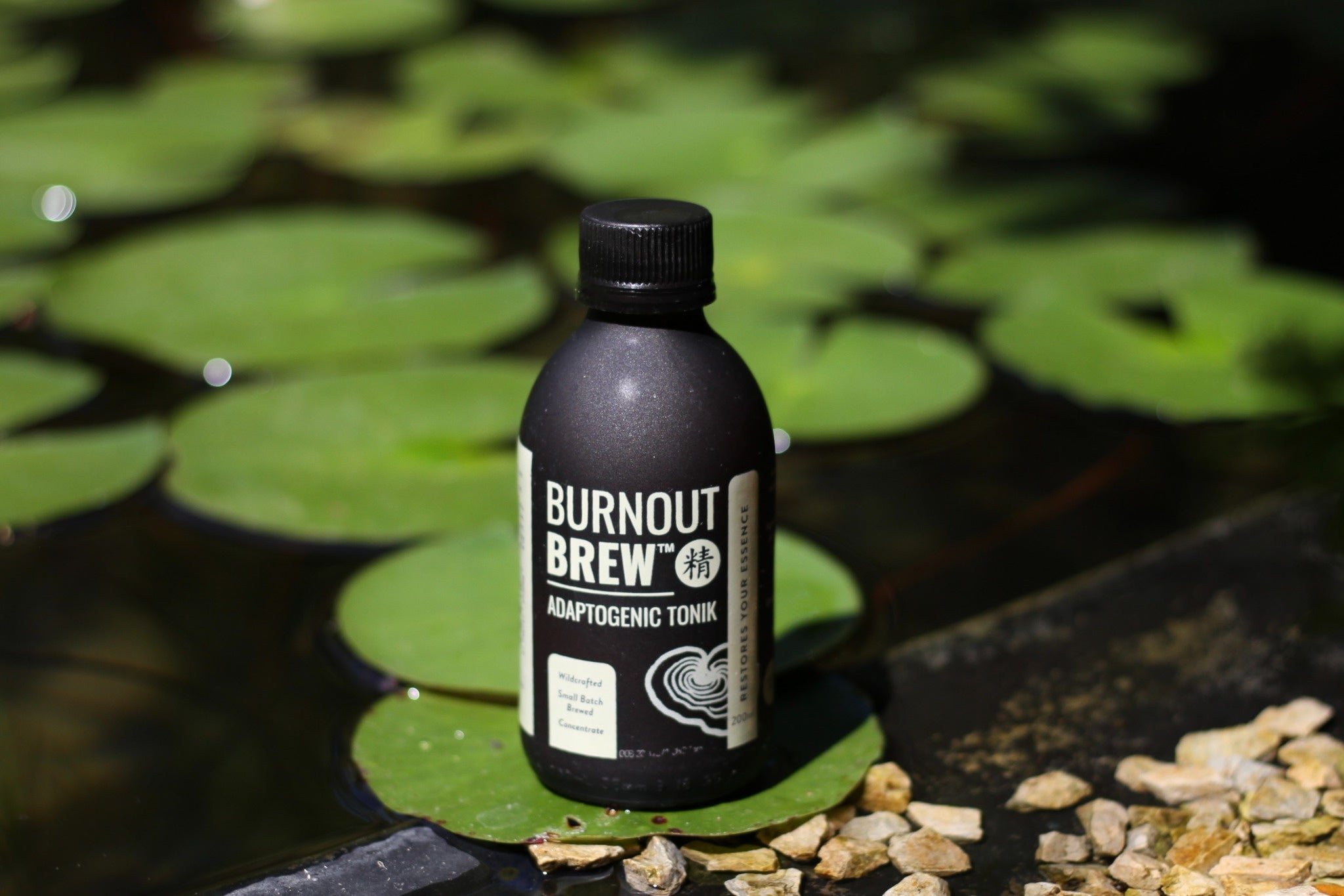 Burnout Brew bottle on a natural background with green leaves