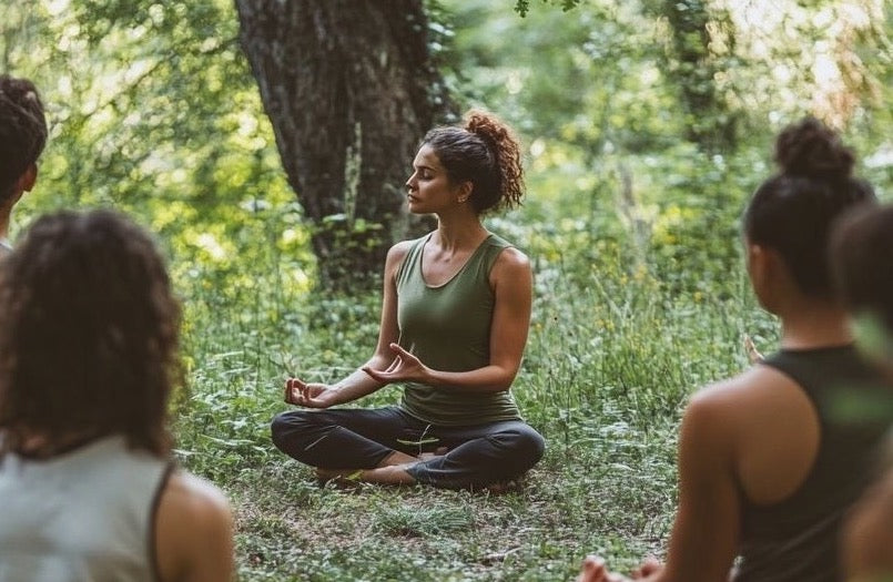 Woman leading a meditation session in a forest with other participants.