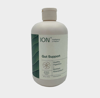 Bottle of ION Gut Support supplement on a white background