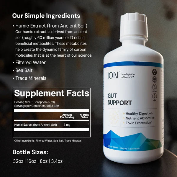ION Gut Support supplement bottle with ingredient list and supplement facts on a dark background