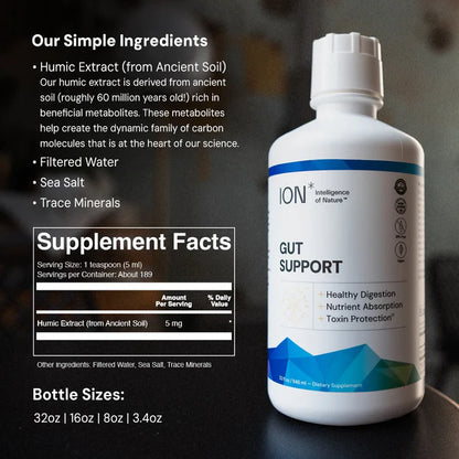ION Gut Support supplement bottle with ingredient list and supplement facts on a dark background