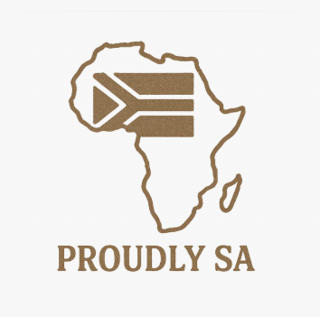 Logo with a stylized map of Africa and a flag, featuring the text 'PROUDLY SA' on a white background.