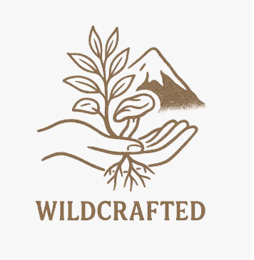 Logo with hand holding plants, mountain, and 'Wildcrafted' text on a white background